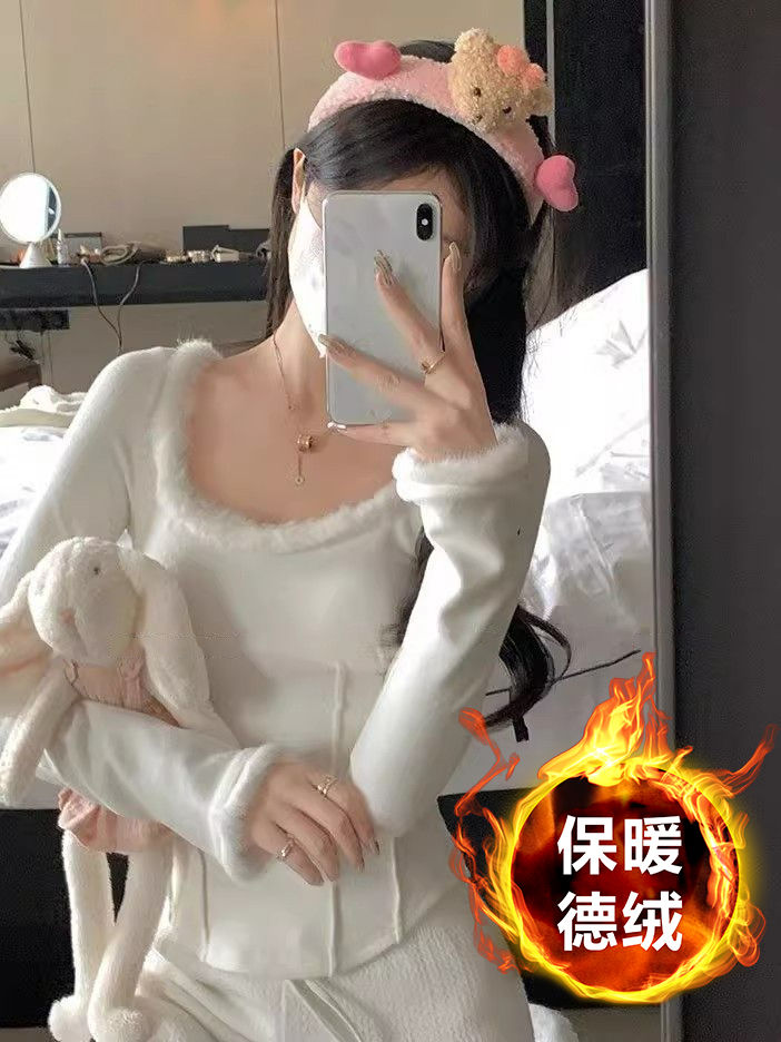 辣妹拼接U領毛毛袖秋冬打底衫女純欲魚骨設計長袖T恤顯瘦內搭上衣
