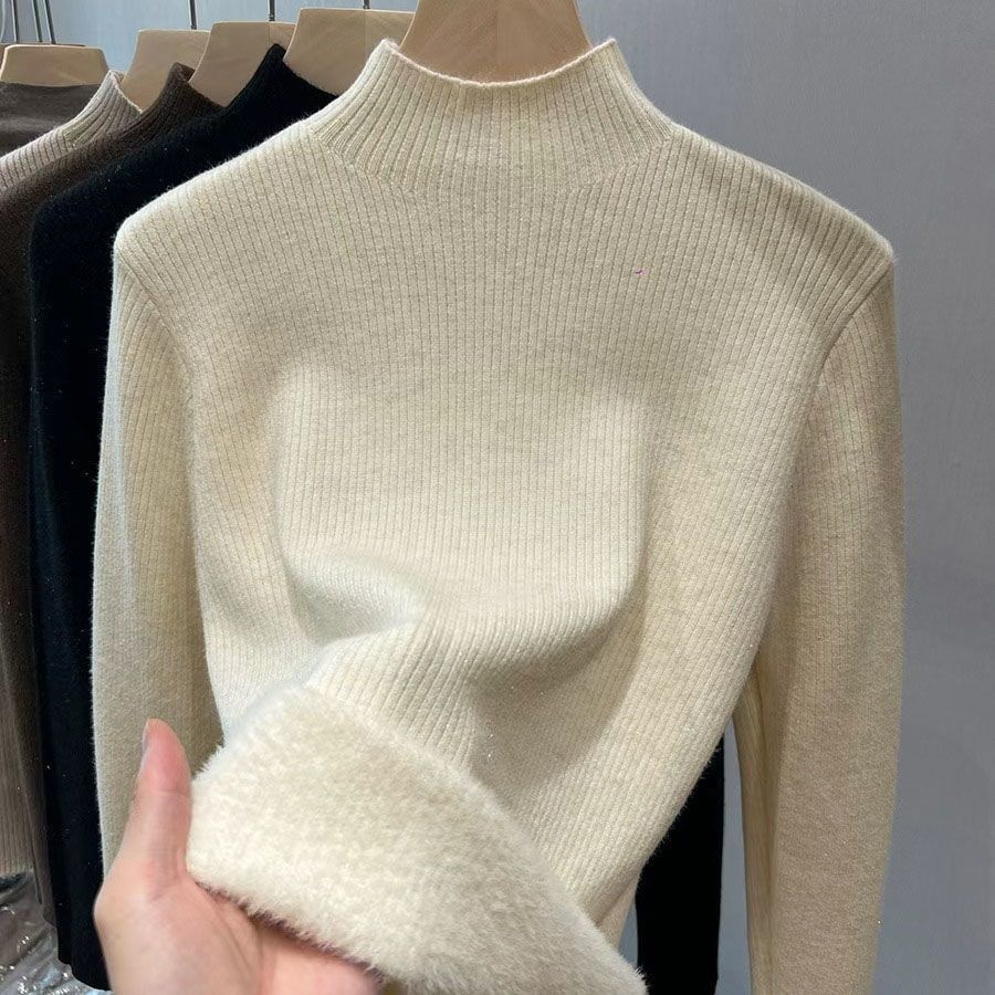 高品質一體絨毛衣女冬季新款加厚百搭打底衫半高領保暖內純色上衣