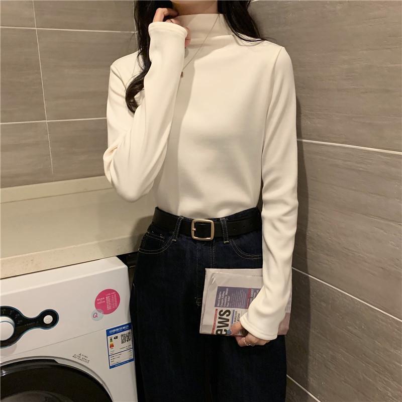 德絨打底衫女秋冬新款半高領韓版寬鬆百搭長袖學生T恤上衣服ins潮