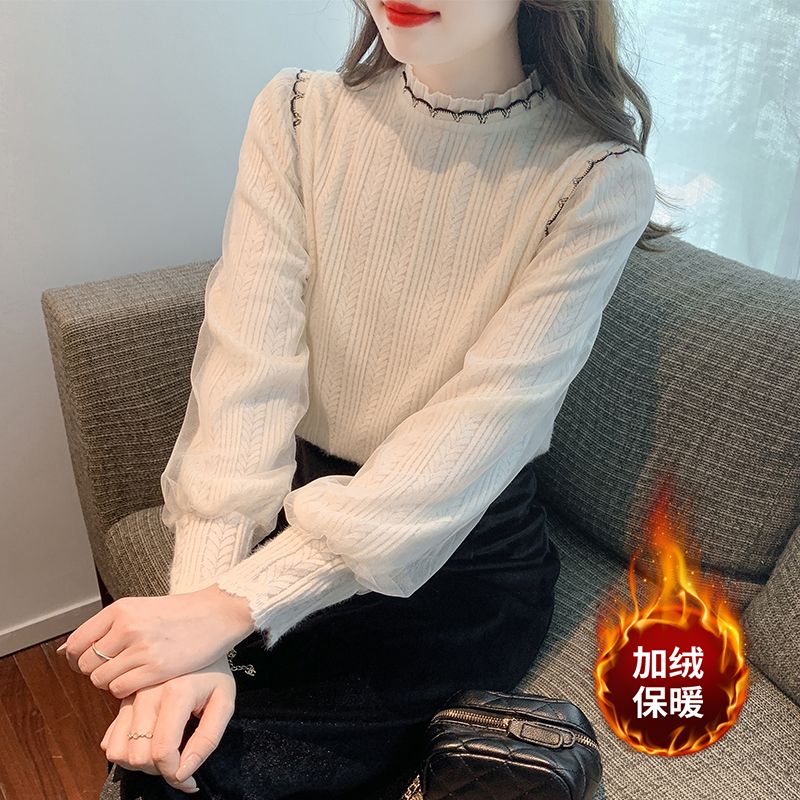 加絨加厚氣質優雅立領蕾絲襯衫女法式減齡秋冬季時髦百搭打底上衣