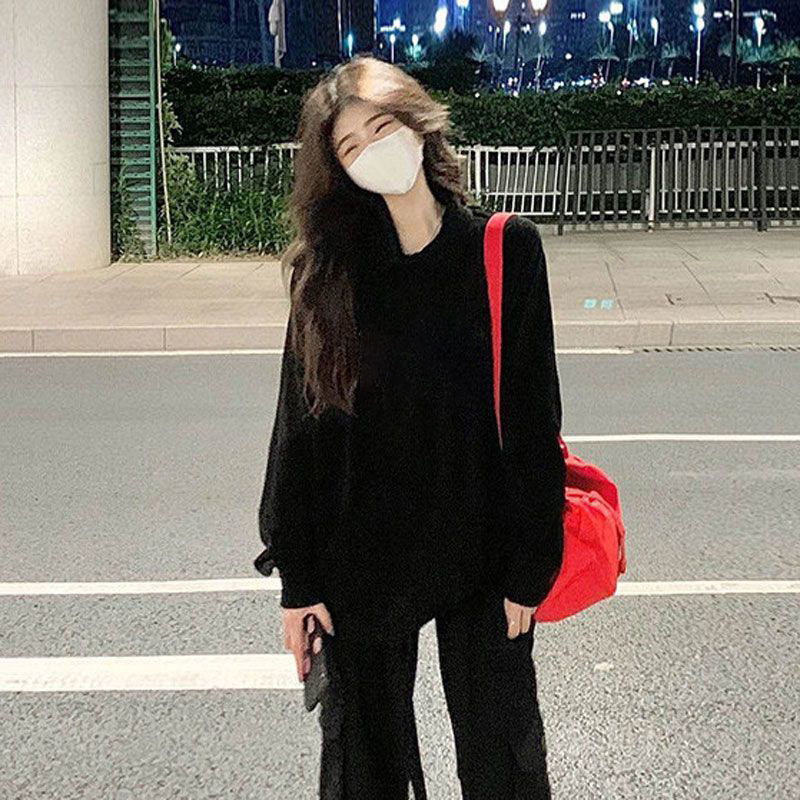 純色oversize加絨衛衣女秋冬薄款新款寬鬆無帽休閒長袖上衣春