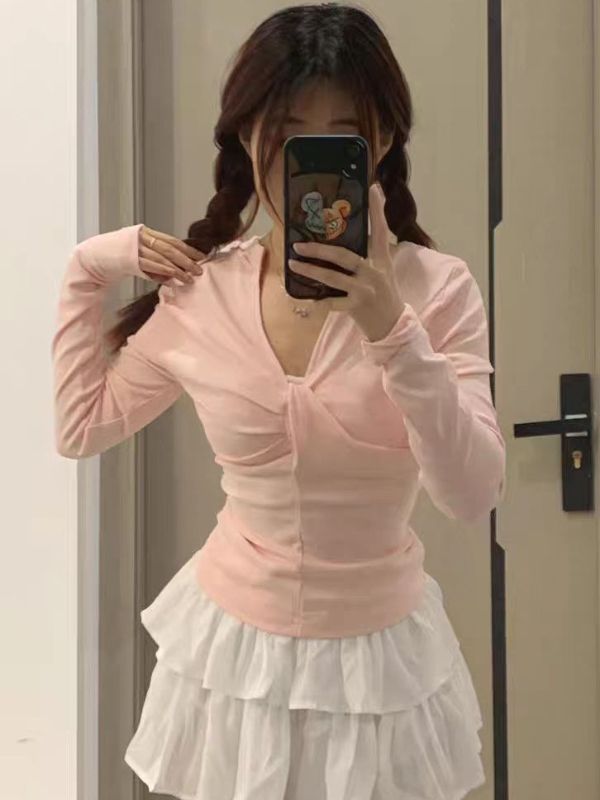 粉色甜美長袖T恤女春秋季新款打底衫修身顯瘦收腰短款打底上衣潮
