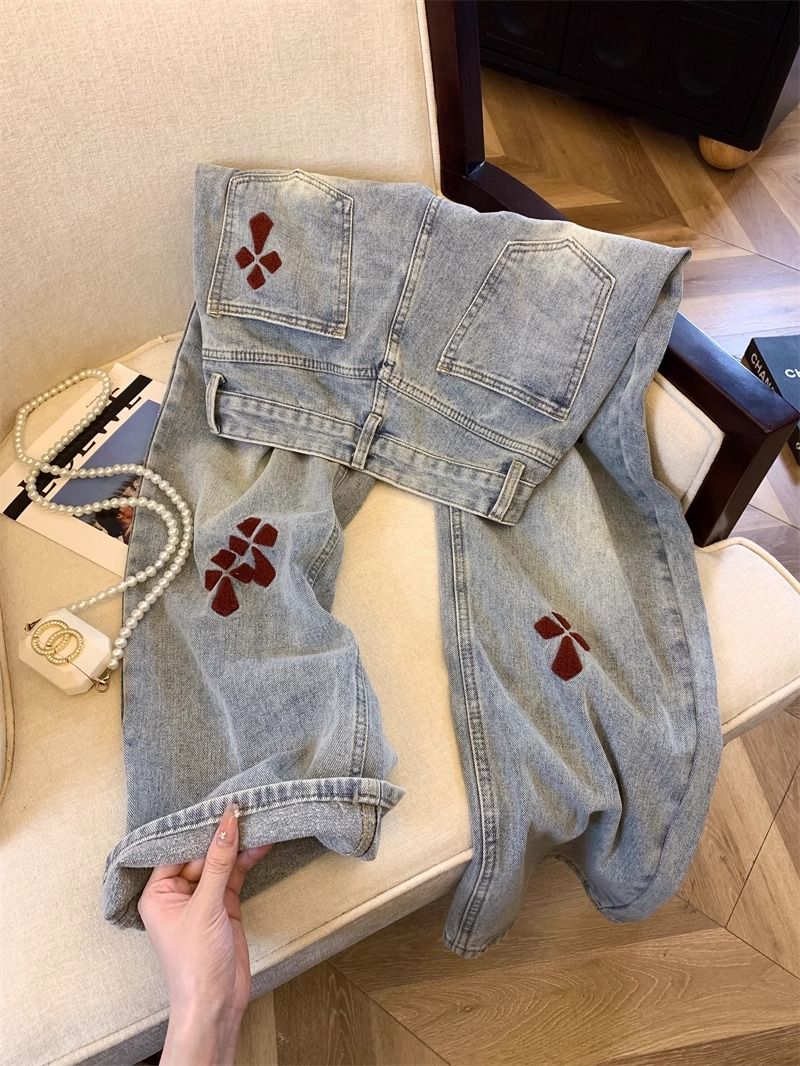 加絨加厚牛仔褲女裝冬季新款高腰十字架刺繡直筒褲寬鬆窄版闊腿褲