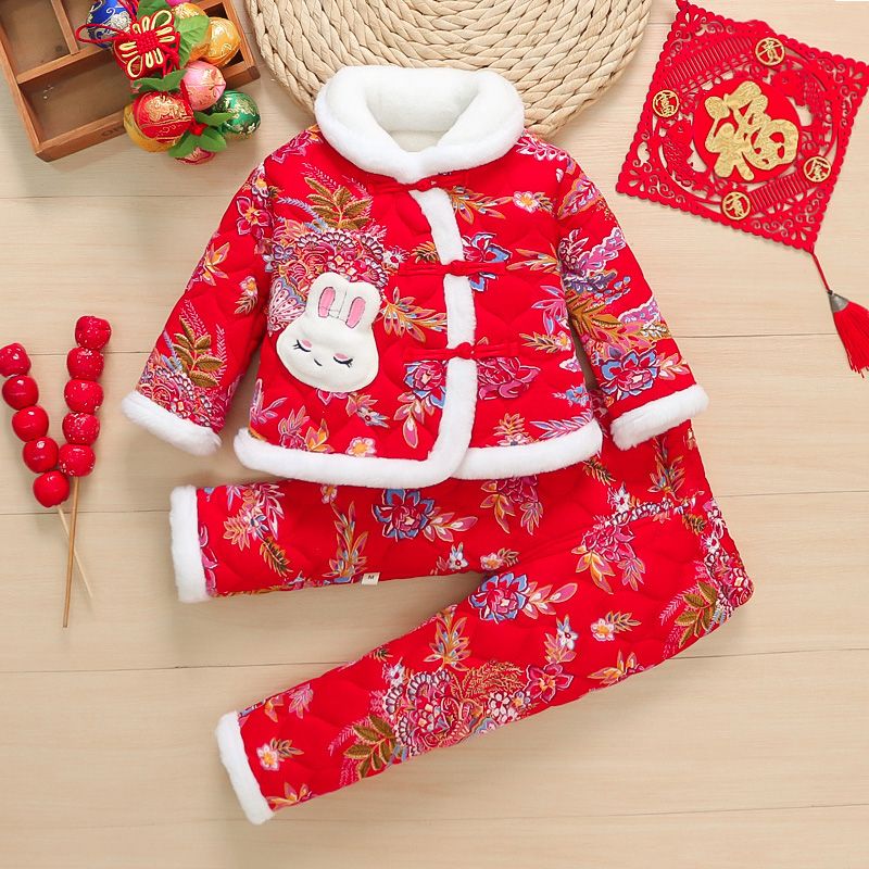 2024 new New Year's greetings clothing for girls in winter plus velvet and thickening children's Chinese style winter clothing red baby girl autumn and winter Tang suit