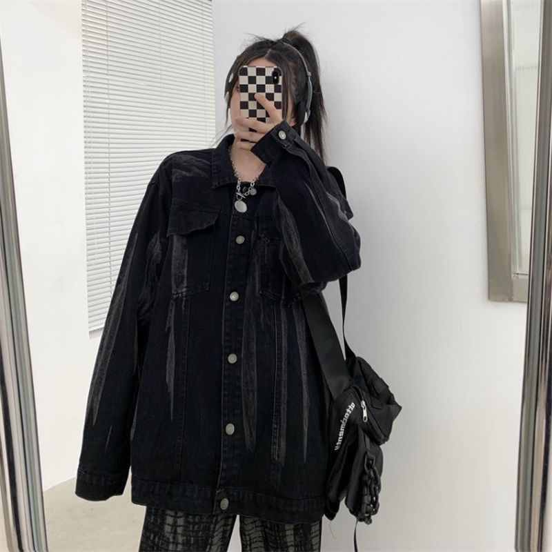 春秋新款酷鹽系少女時尚炸街扎染牛仔外套女bf慵懶風港味寬鬆上衣