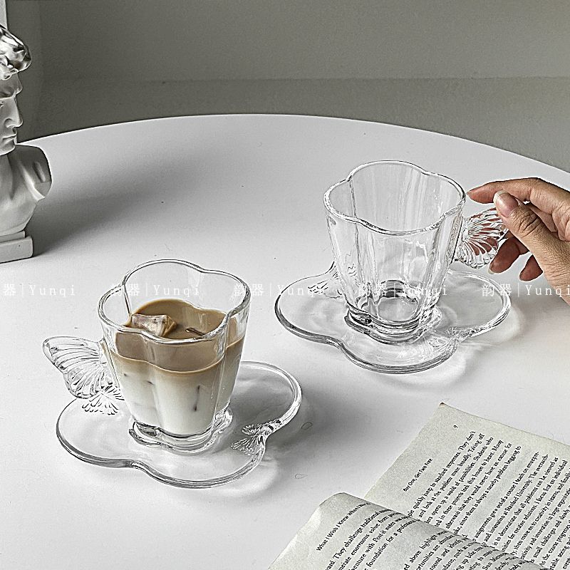 蝴蝶ins风玻璃咖啡杯碟浓缩咖啡卡布奇诺天使咖啡杯碟套装花茶杯