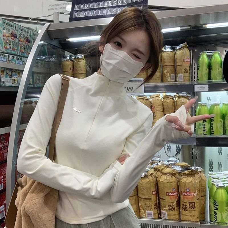秋冬設計感半拉鏈立領長袖打底衫t恤女德絨加厚修身顯瘦內搭上衣
