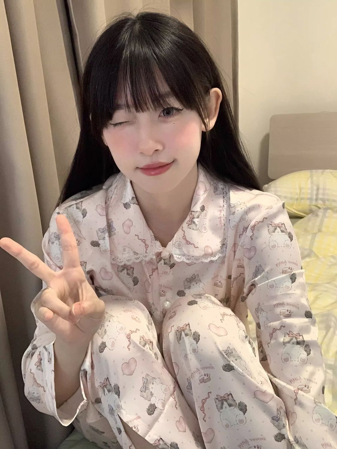 日系可愛卡通長袖睡衣女春秋季新款貓咪碎花長褲家居服套裝外穿