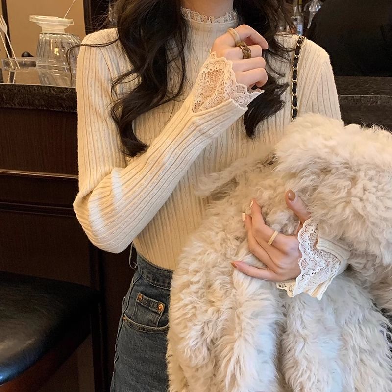 法式白色針織衫拼接蕾絲皮草內搭女秋冬2024半高領毛衣打底衫上衣