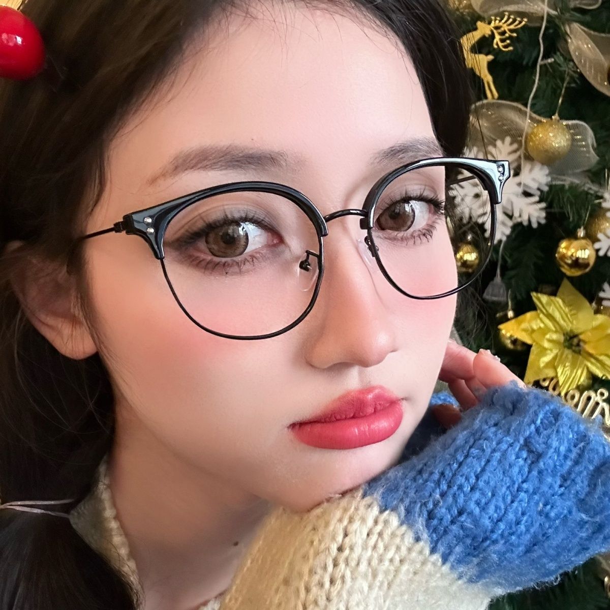 超輕橢圓半框眼鏡女可配度數近視鏡片素顏方圓臉顯瘦黑框眼鏡平光