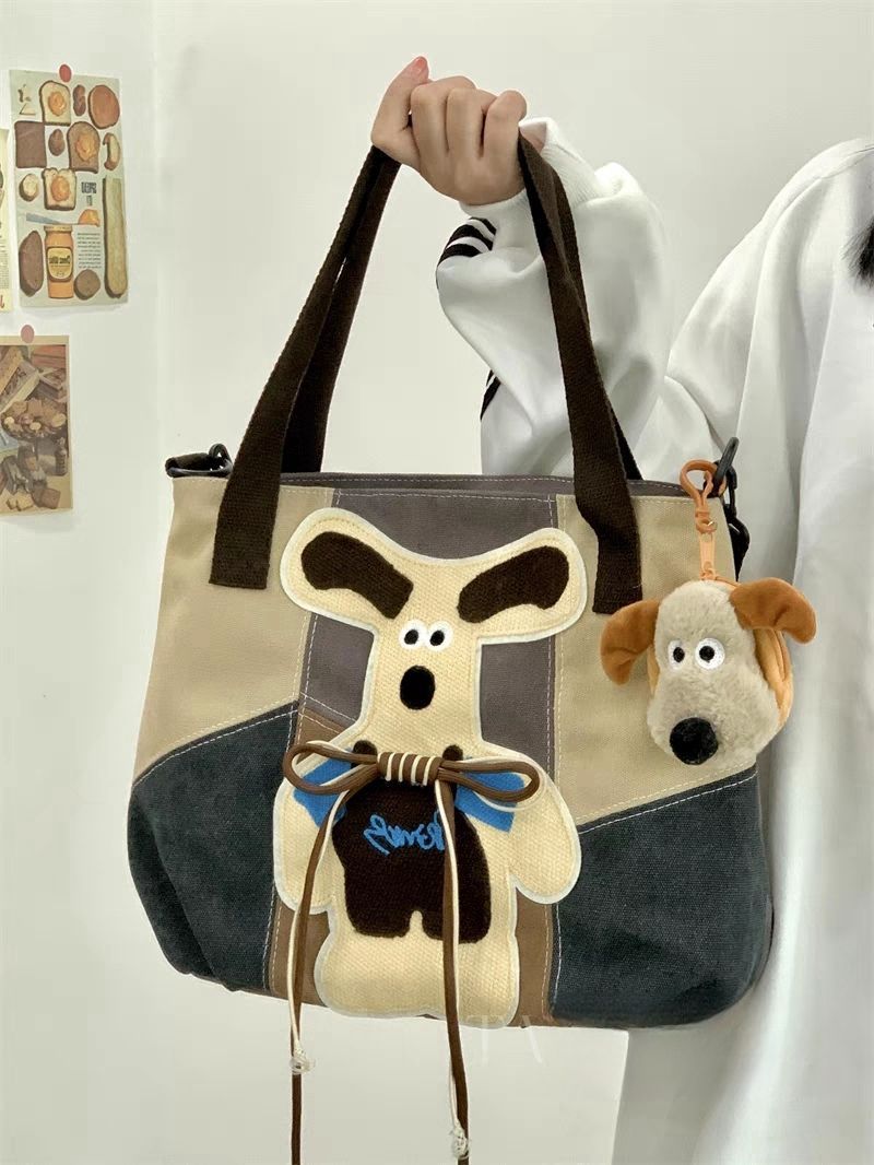 原創Y2K 復古可愛小狗帆布包大容量通勤斜挎包日系撞色手提托特包