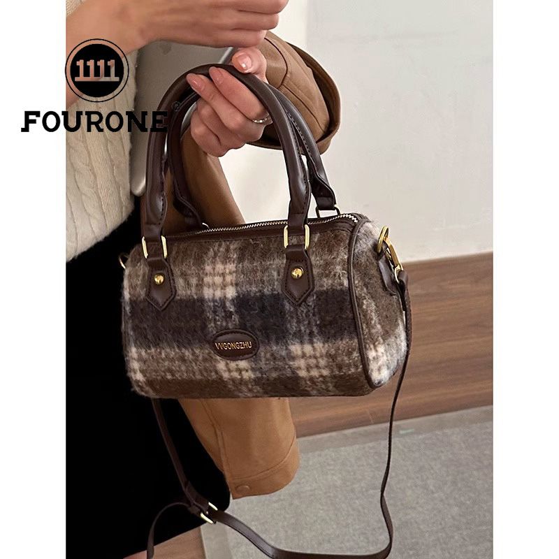 Wool plaid portable pillow bag women's new trendy bowling bag versatile shoulder crossbody bag