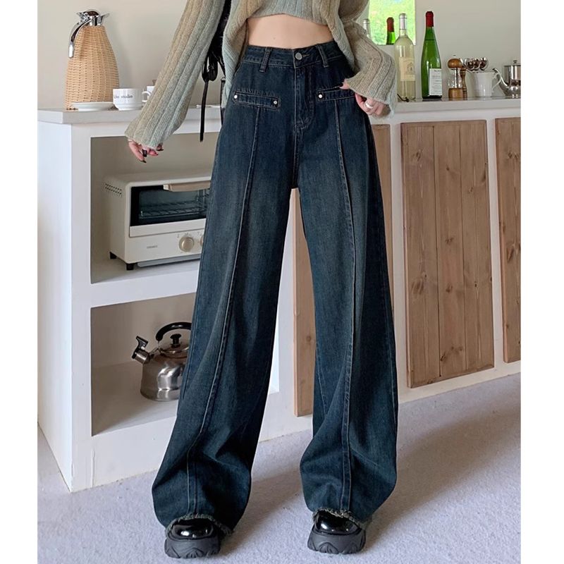 復古做舊美式高腰闊腿牛仔褲女春季小個子直筒顯瘦垂感拖地長褲潮
