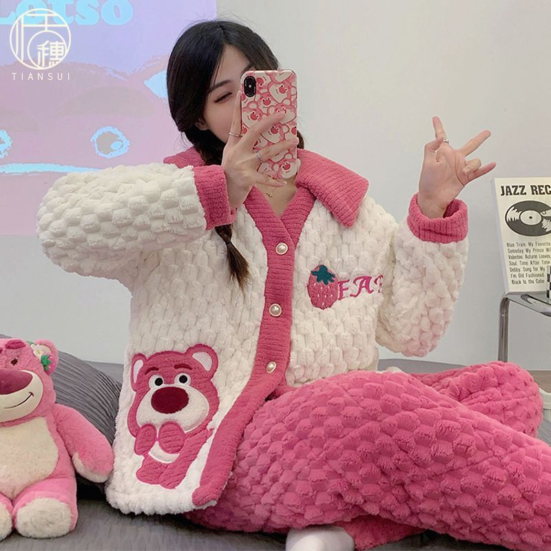 睡衣女秋冬季珊瑚絨三層夾棉加絨法蘭絨太陽花加厚保暖款家居服