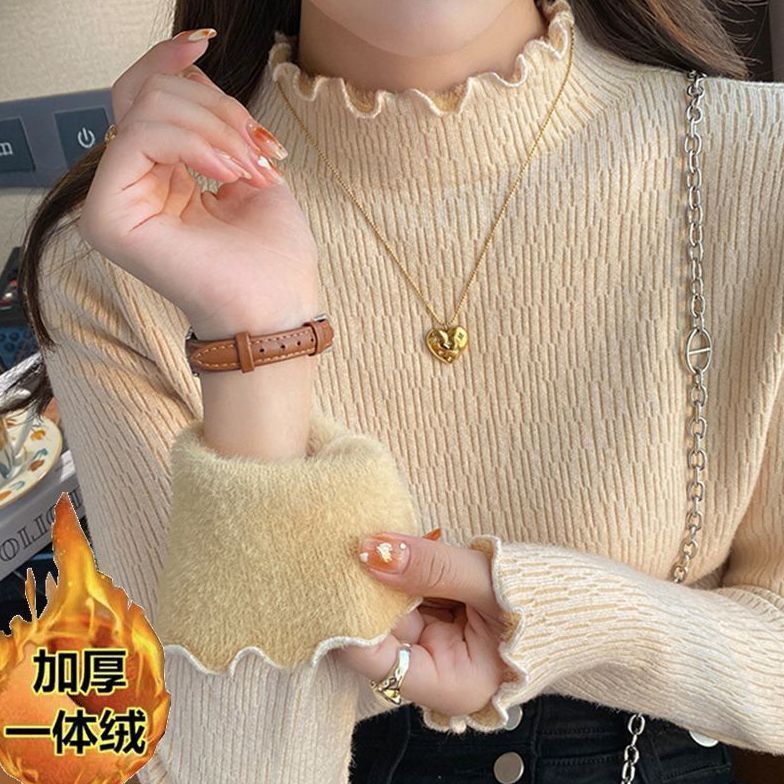 一體絨毛衣女秋冬加絨加厚洋氣小眾設計內搭針織衫鏤空保暖打底衫
