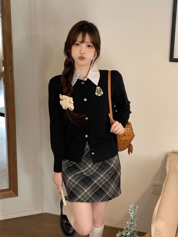 American fake two-piece knitted top, autumn and winter plaid skirt, hip skirt, sweater, cardigan top, two-piece set