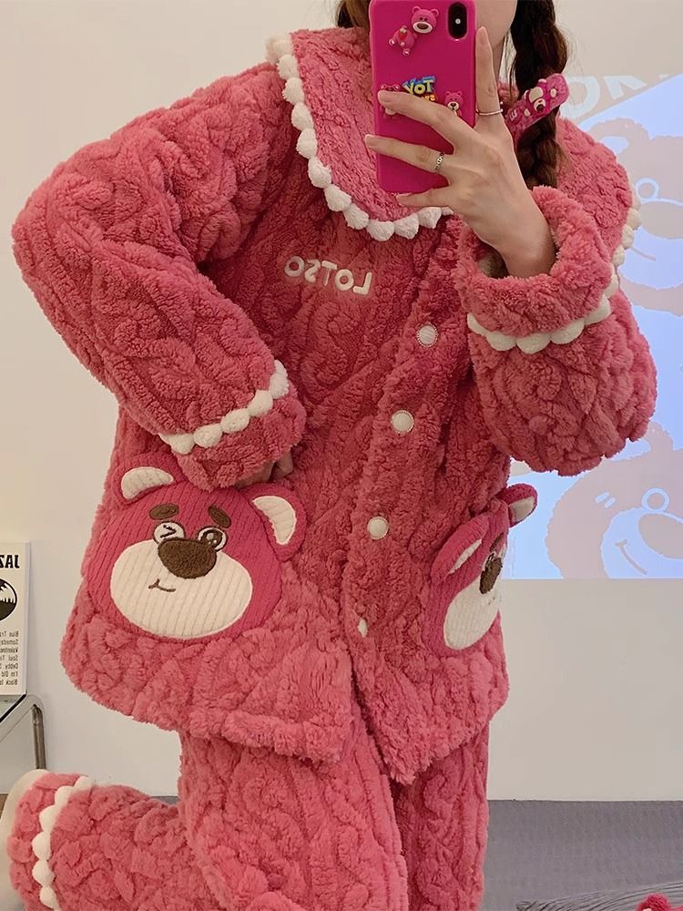 秋冬季珊瑚絨睡衣女加厚加絨三層夾棉襖法蘭絨冬款保暖網紅家居服