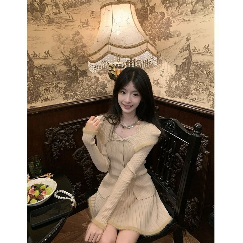 拼接毛毛長袖針織開衫時尚套裝秋冬高腰百褶半身裙慵懶女裝兩件套