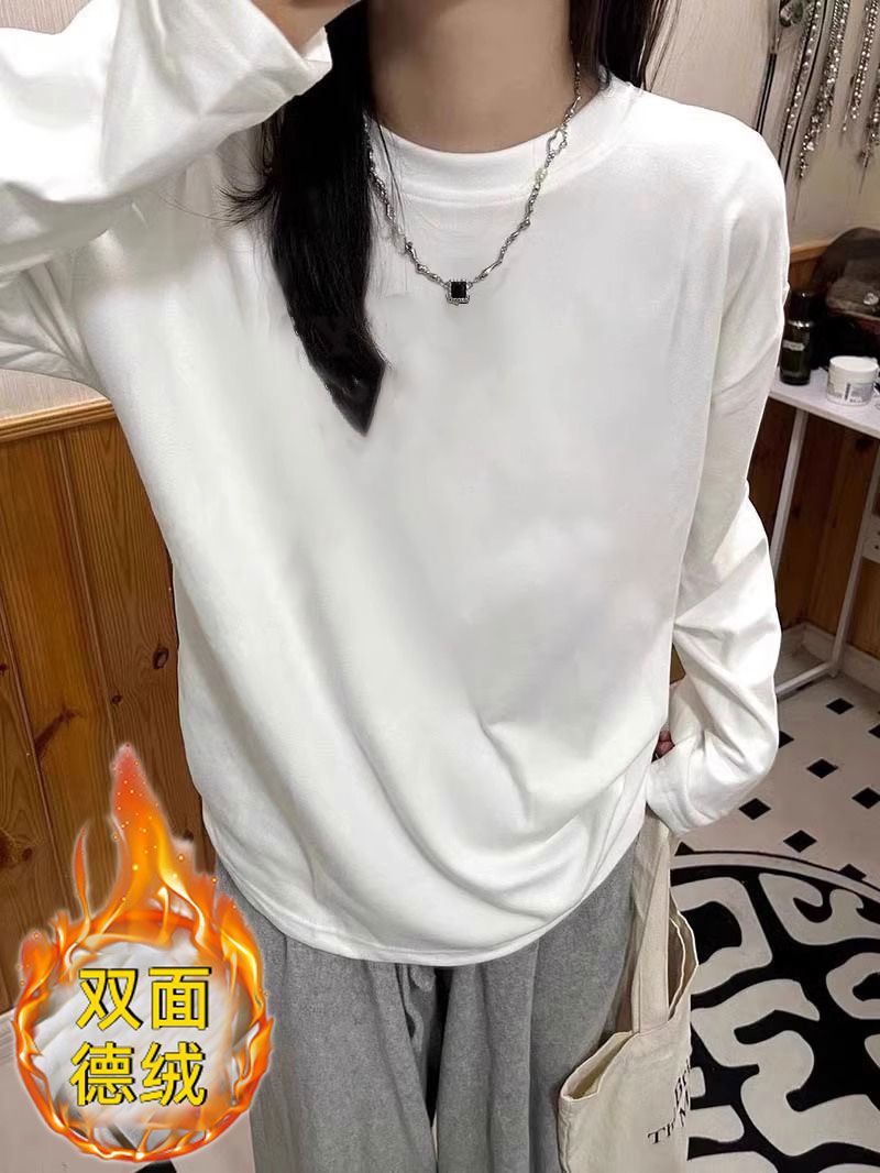 雙面德絨打底衫女圓領白色加絨加厚2023秋冬保暖寬鬆磨毛打底衫女