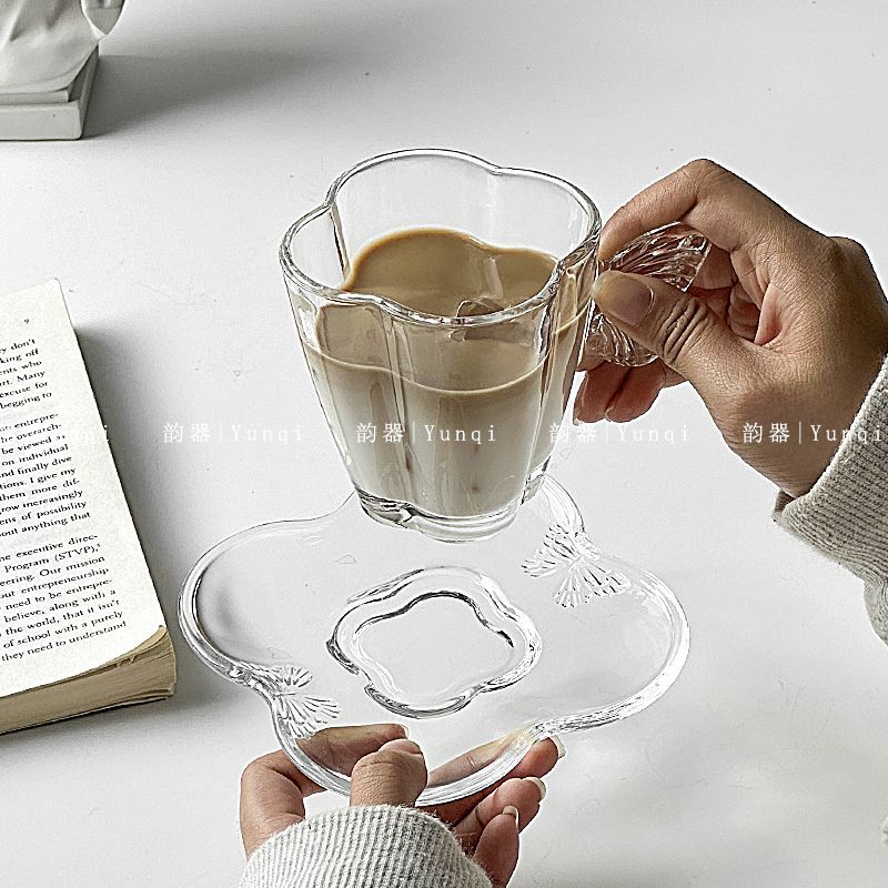 蝴蝶ins风玻璃咖啡杯碟浓缩咖啡卡布奇诺天使咖啡杯碟套装花茶杯