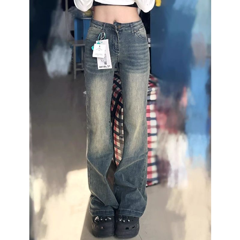 復古水泥灰高腰微喇牛仔褲女春季新款小個子修身顯瘦拖地馬蹄褲子