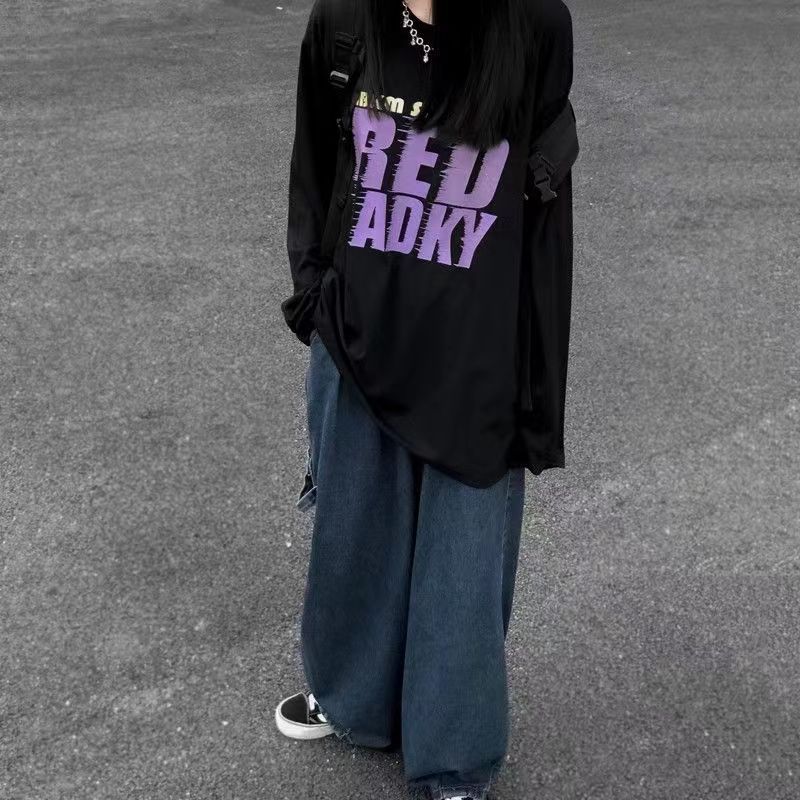 黑色t恤女長袖純棉2024新款春秋美式復古寬鬆打底衫內搭上衣ins潮