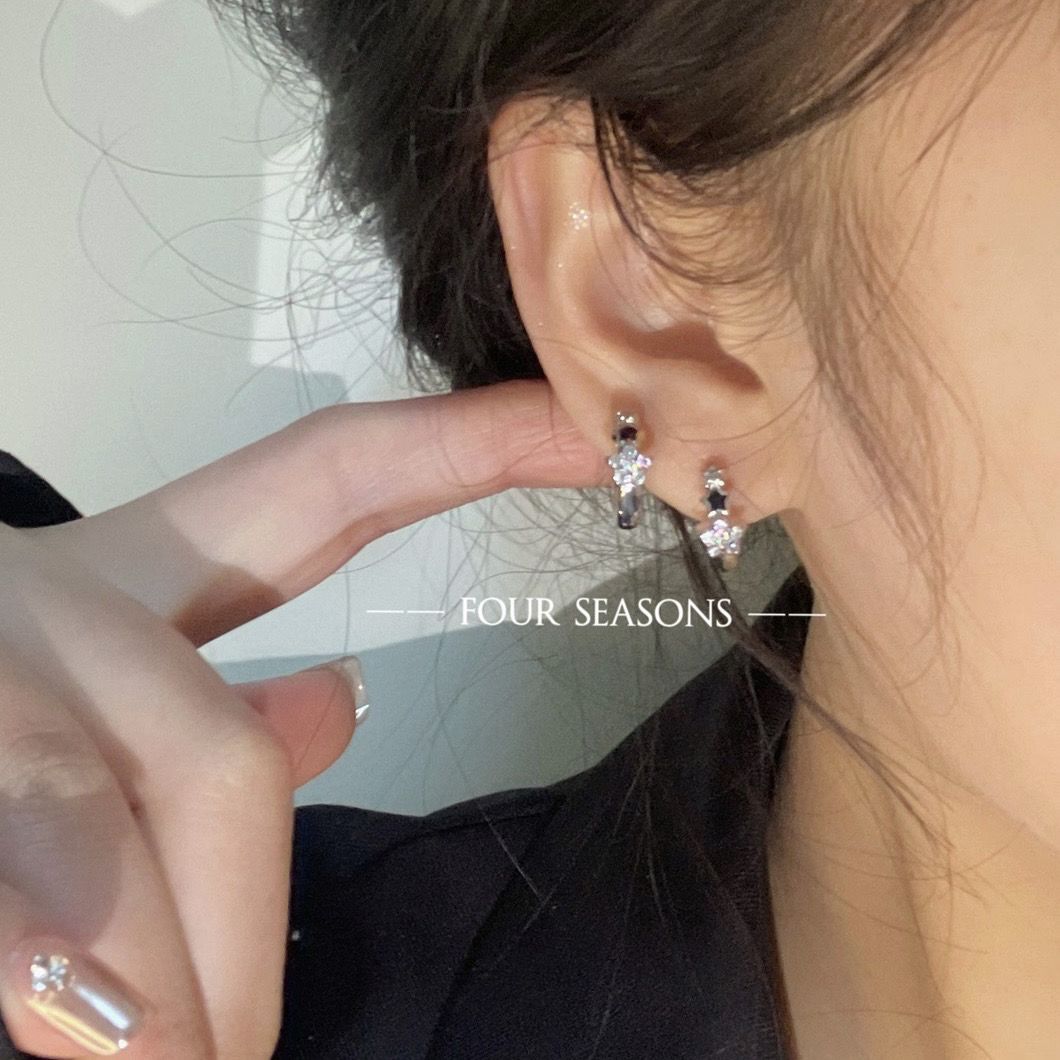 星星耳扣女日韓簡約鑲鑽耳圈酷黑色五角星耳環小眾氣質耳釘耳飾女