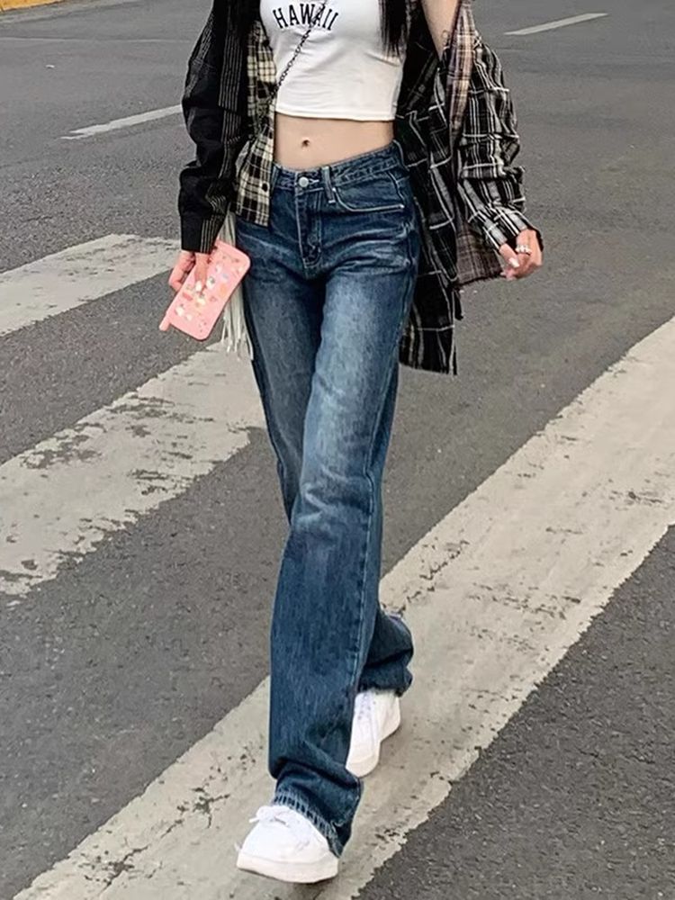 美式辣妹低腰牛仔褲女秋冬2023新款復古水洗做舊寬鬆直筒拖地褲子