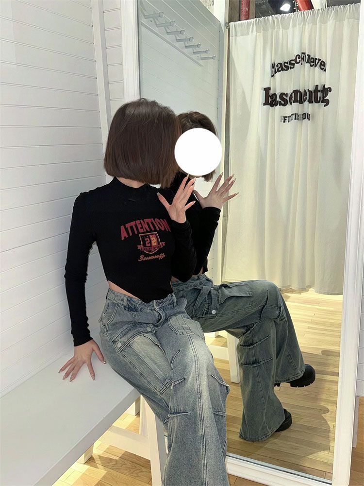 美式復古辣妹長袖T恤女秋冬新款百搭設計感小眾純欲打底衫短上衣