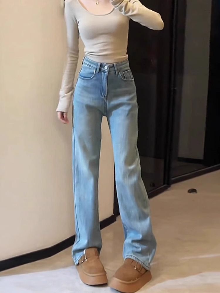 藍色高腰闊腿牛仔褲女2023秋冬新款寬鬆休閒顯瘦垂感直筒拖地褲子