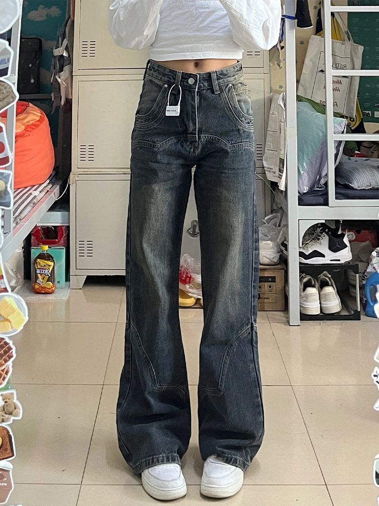 美式街頭闊腿牛仔褲女冬季新款設計感寬鬆顯瘦百搭微喇叭直筒褲子