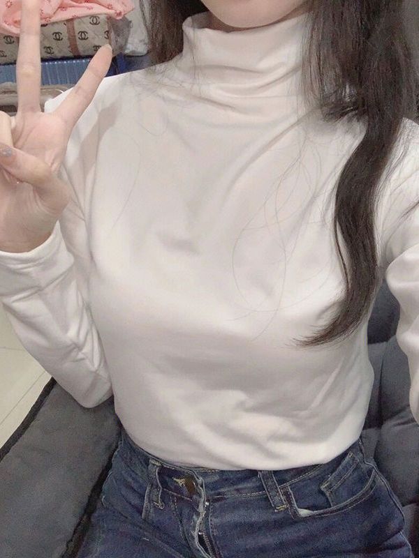 德絨修身保暖內搭長袖加絨t恤上衣女半高領春秋冬正肩百搭打底衫