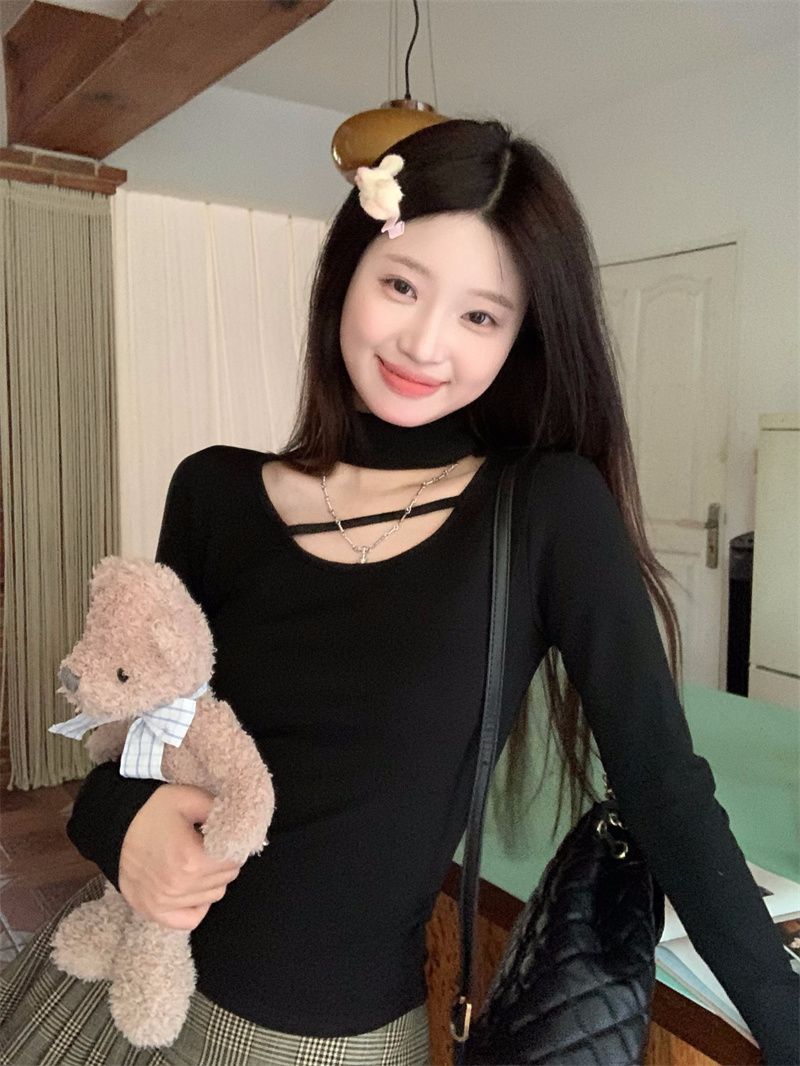 純欲甜辣妹短款獨特别致鏤空掛德絨緊身上衣長袖t恤女設計感內搭