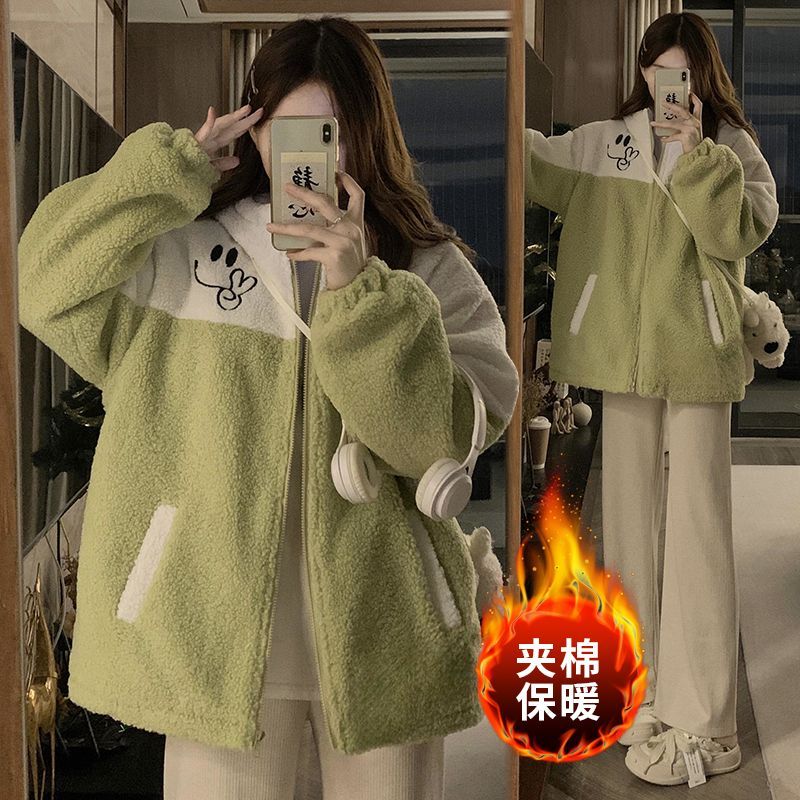 可愛羊羔毛夾棉加厚外套女冬季2023新款初中高中學生寬鬆拼接棉服