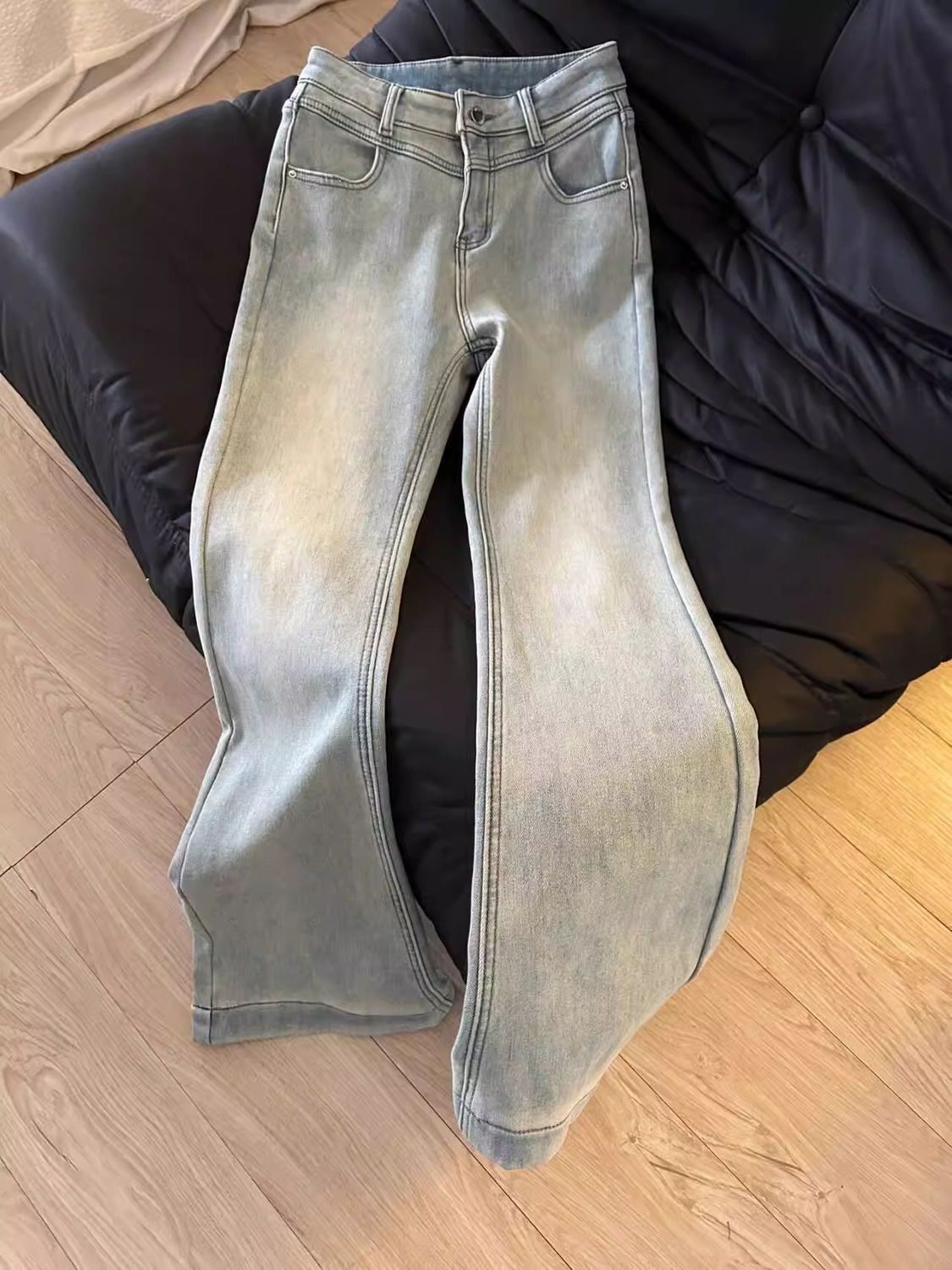 復古淺藍高腰喇叭牛仔褲女秋冬季加絨加厚保暖修身顯瘦微喇拖地褲