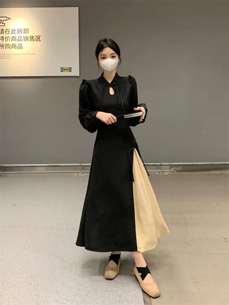 大碼高級感新中式國風盤扣設計收腰胖mm顯瘦長款假兩件秋冬連衣裙