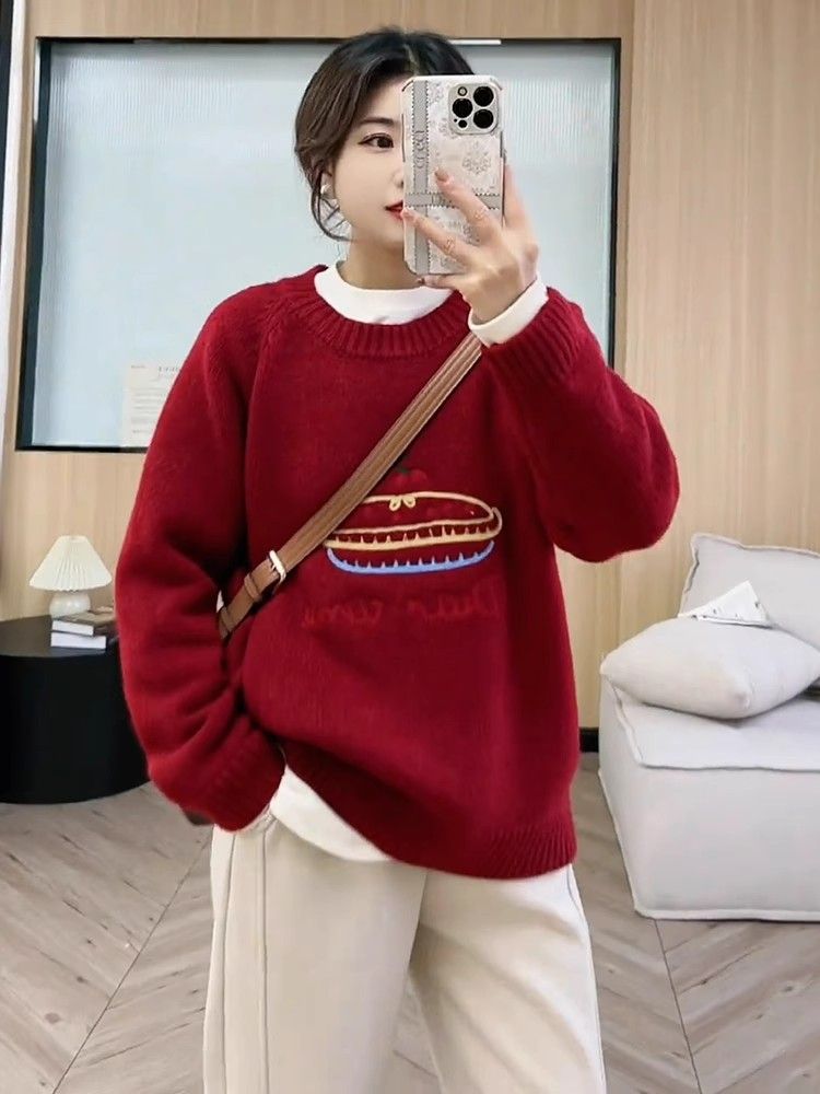 洋氣甜美減齡卡通圖案毛衣女秋冬韓系休閒可愛百搭奶呼呼圓領上衣