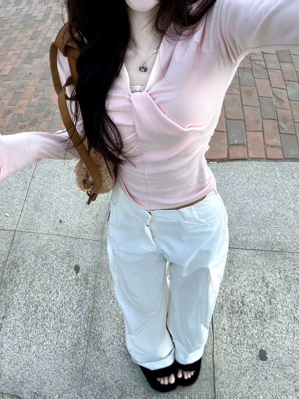 純欲辣妹粉色長袖t恤女秋季新款打底衫修身顯瘦收腰短款打底上衣