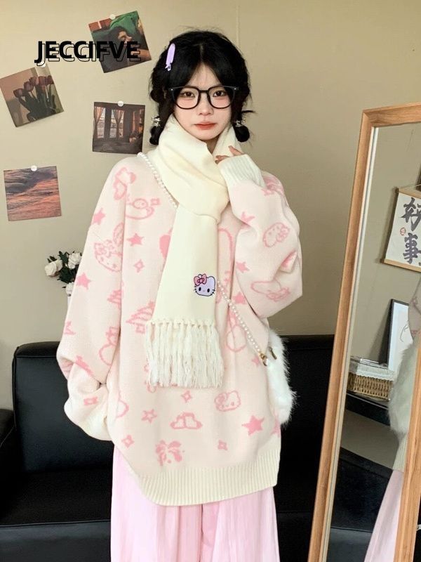 JECCIFIVE秋冬可愛慵懶風小眾簡約高級感針織毛衣男女氣質潮上衣