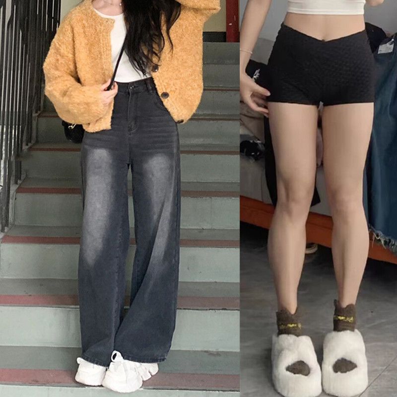 大碼胖mm黑灰色直筒牛仔褲女高腰秋冬加絨寬鬆顯瘦梨形身材闊腿褲