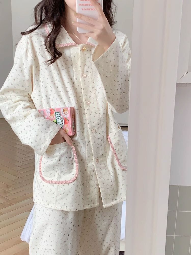 Korean style ins small floral pajamas for women in autumn and winter sweet and fresh long-sleeved trousers cardigan home wear two-piece set
