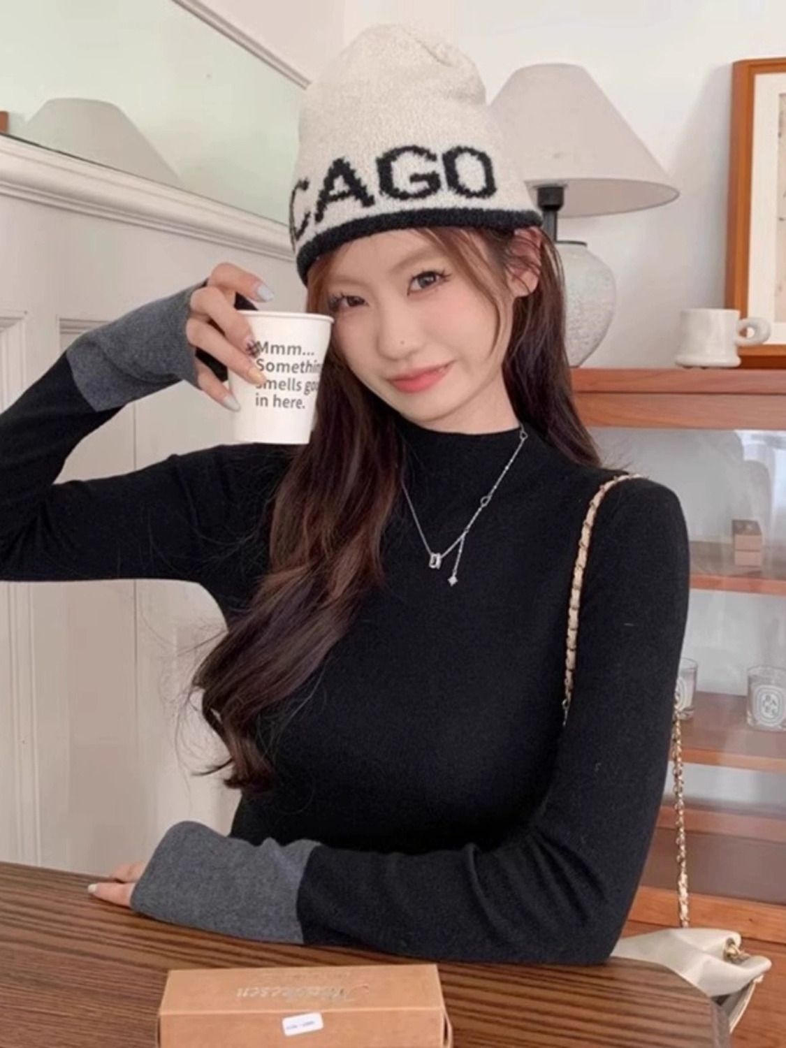 法式復古半高領小眾打底衫女內搭新款撞色高級感修身顯瘦秋冬上衣