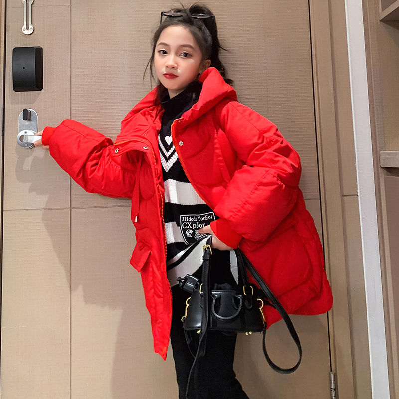 Children's down jacket for girls, medium and long, medium and large children's 2023 new Korean version white duck down thickened children's winter jacket