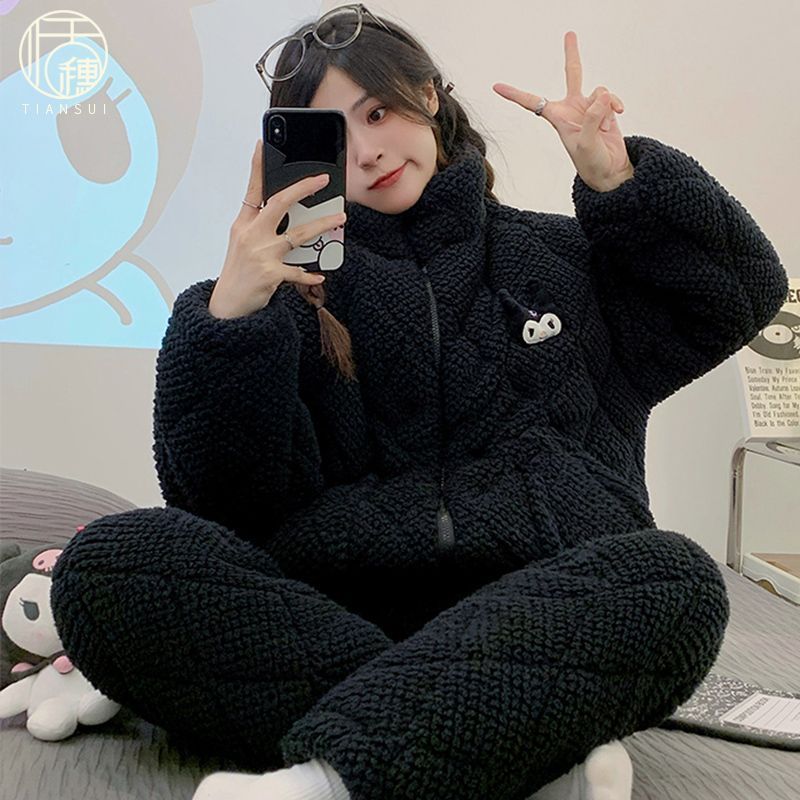 2023年冬季新款珊瑚絨睡衣女三層夾棉加厚加絨家居服拉鏈外穿套裝