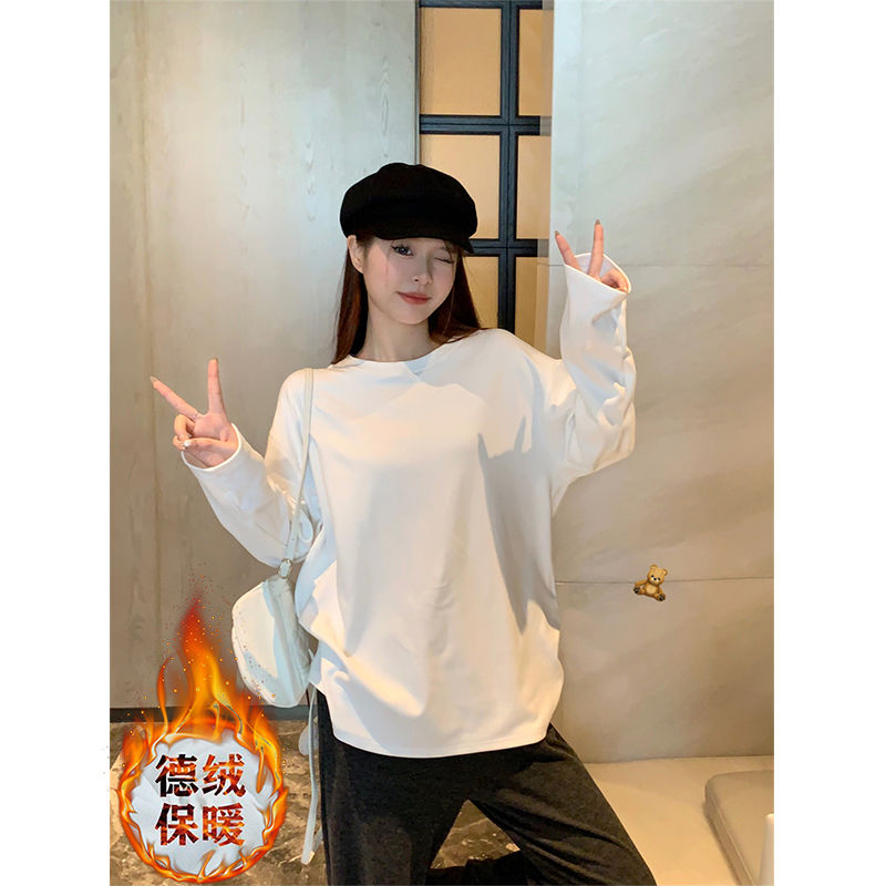 加厚保暖白色T恤女長袖雙面德絨圓領寬鬆疊穿內搭洋氣打底衫上衣