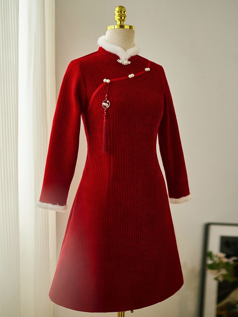 紅色旗袍裙敬酒服2023新款女秋冬季小個子加絨加厚新年拜年服短款
