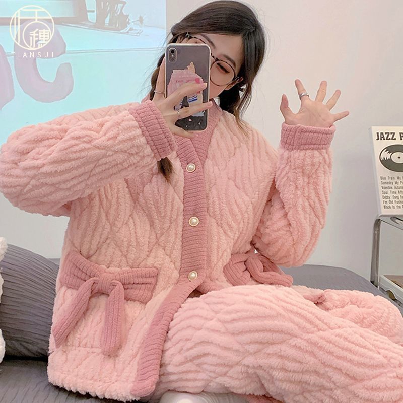 新款三層夾棉珊瑚絨睡衣女士冬季加厚保暖甜美蝴蝶結可外穿家居服