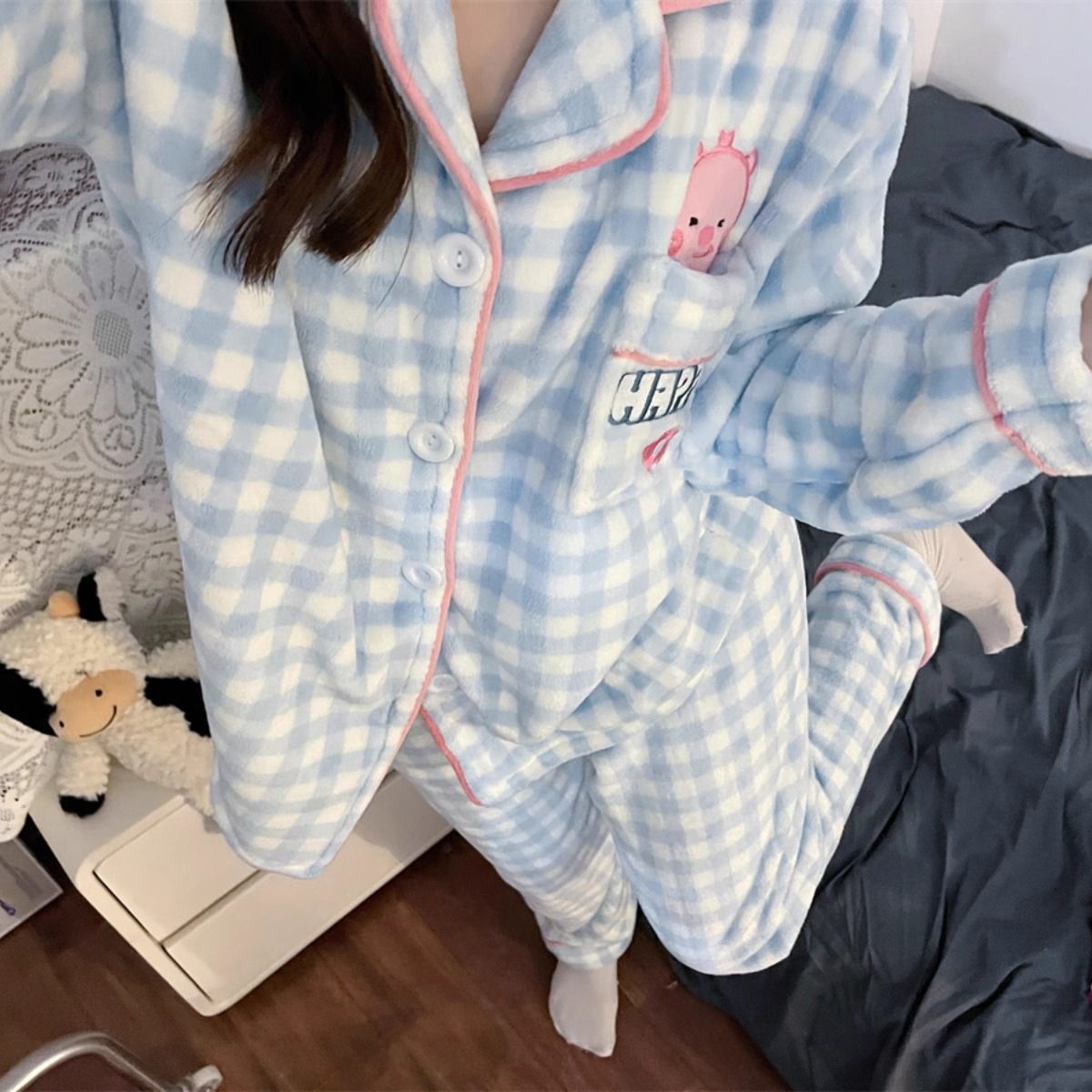 loopy cute pajamas women winter embroidery plus velvet warm thickening ins coral flannel home wear plaid suit