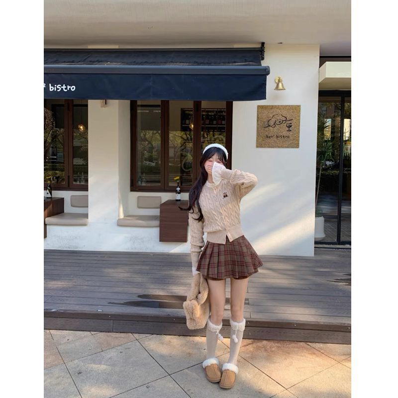 甜美套裝女針織衫毛衣外套內搭蕾絲衫襯衣冬季半身裙學院風三件套