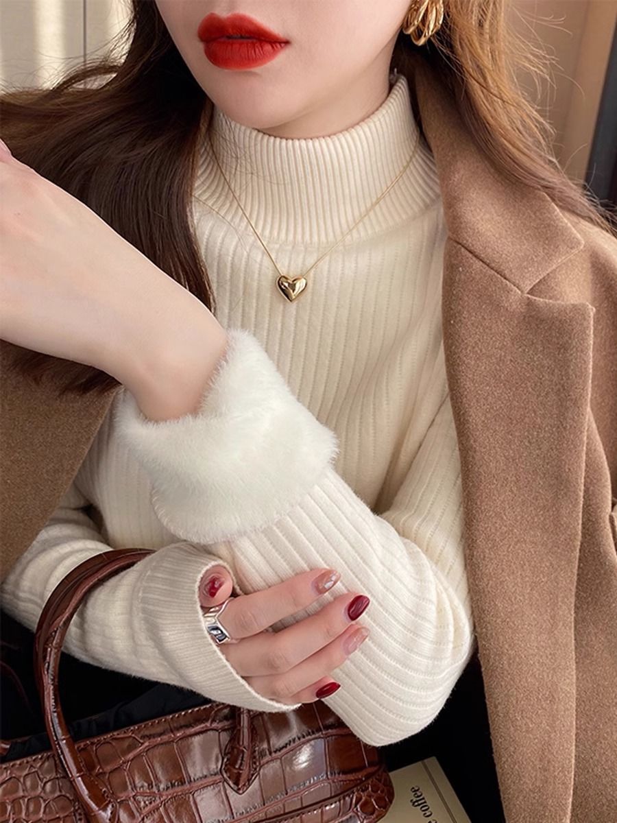 Half turtleneck thickened one-piece velvet bottoming sweater for women autumn and winter 2024 new internet celebrity hot style with knitted top inside trendy
